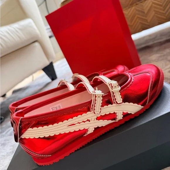 Onitsuka Mexico 66 Tgrs Red Women's Mary Jane Flats with Cream Trim - Picture 1 of 9